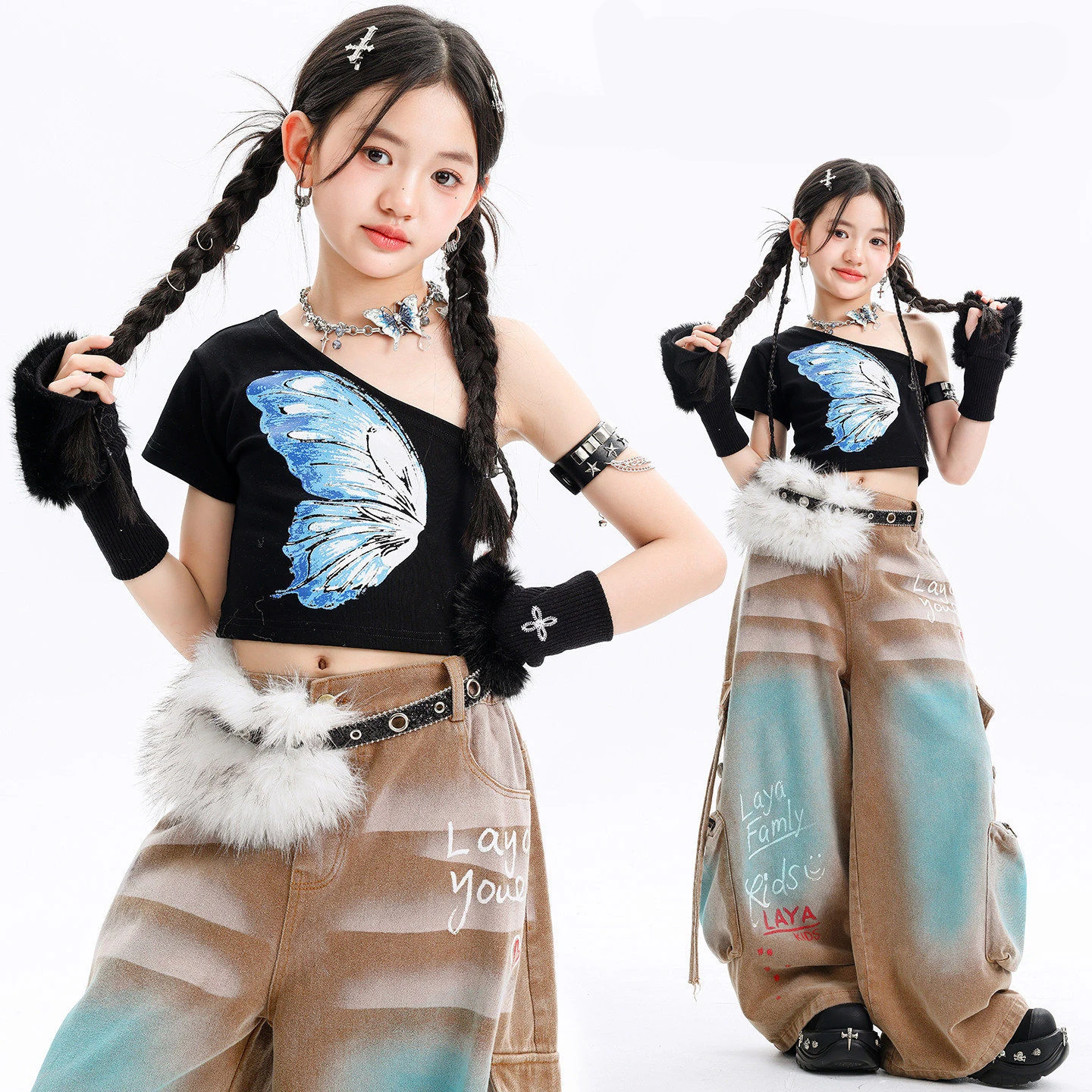 Kid Kpop Hip Hop Clothing Black One Shoulder Butterfly Crop T Shirt Coffee Blue Strap Cargo Pants for Girl Street Dance Costumes
Kid Kpop Hip Hop Clothing Black One Shoulder Butterfly Crop T Shirt Coffee Blue Strap Cargo Pants for Girl Street Dance Costumes