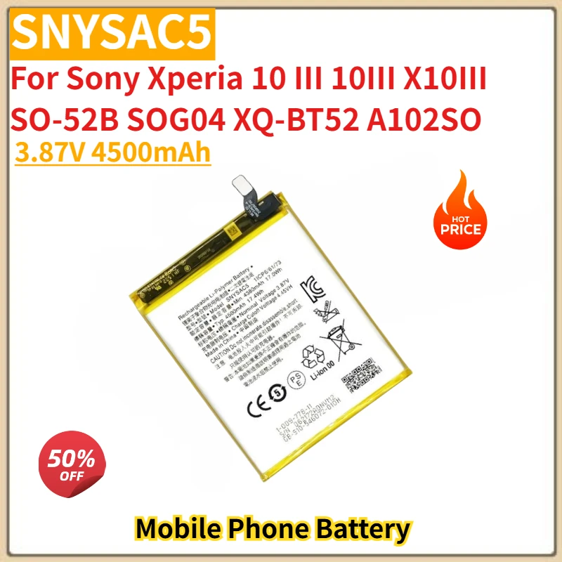 Высококачественный аккумулятор для телефона SNYSAC5, 3,87 В, 4500 мАч, для Sony Xperia 10 III 10III X10III SO-52B SOG04 XQ-BT52 A102SO, абсолютно новый
Высококачественный аккумулятор для телефона SNYSAC5, 3,87 В, 4500 мАч, для Sony Xperia 10 III 10III X10III SO-52B SOG04 XQ-BT52 A102SO, абсолютно новый