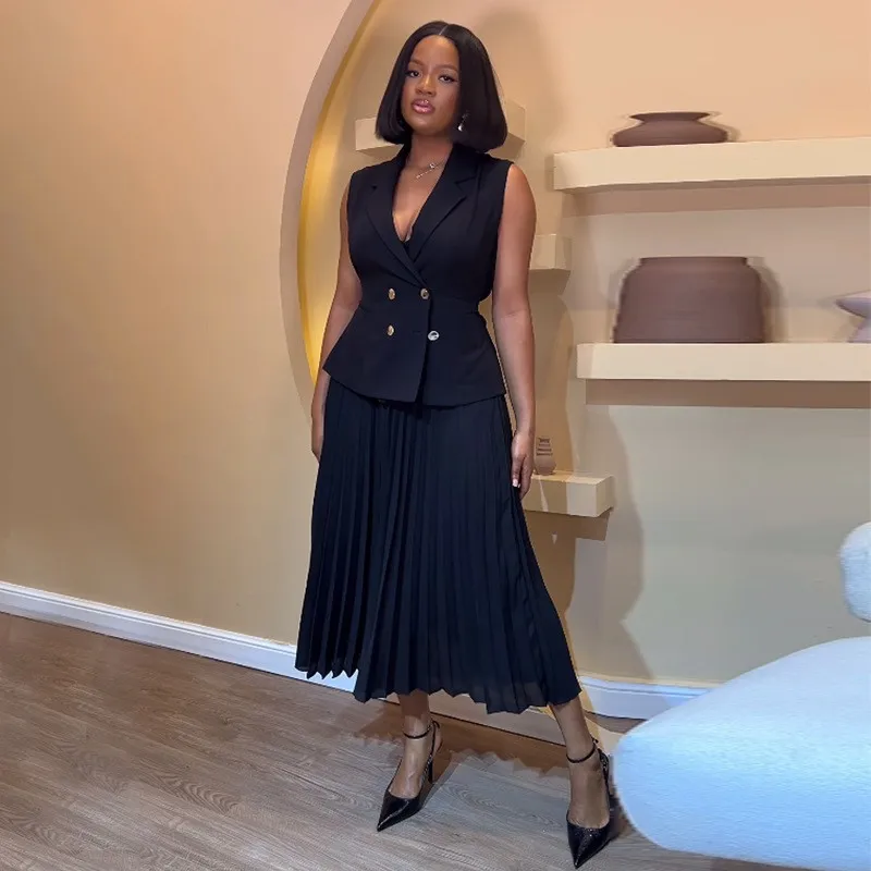 Summer Women's Suit Dress Sleeveless Solid Black Dresses Elegant Midi Skirt Set Tailored Waist Gold Buttons Two Piece Dress
Summer Women's Suit Dress Sleeveless Solid Black Dresses Elegant Midi Skirt Set Tailored Waist Gold Buttons Two Piece Dress