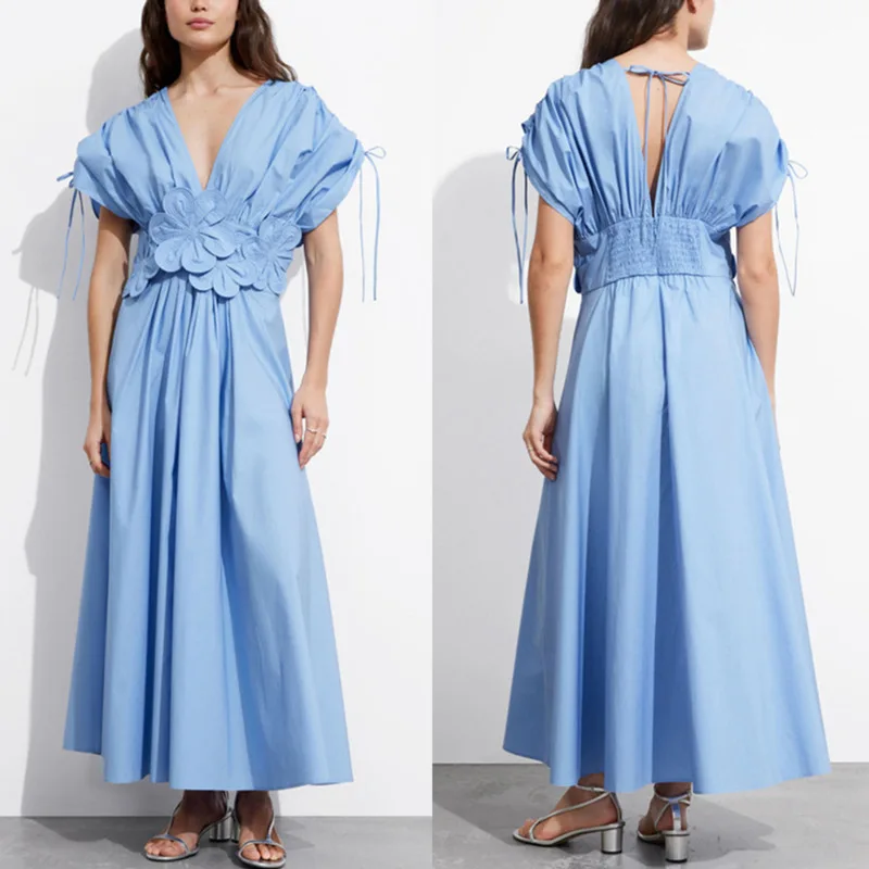 Sexy 3D Flower Solid Color High Waist Women Dress Summer V Neck Slim Spliced Short Sleeve Open Back Long Skirt High Street Skirt
Sexy 3D Flower Solid Color High Waist Women Dress Summer V Neck Slim Spliced Short Sleeve Open Back Long Skirt High Street Skirt