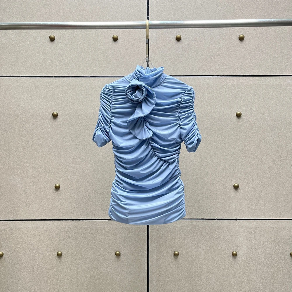 Light Blue Ruched Turtleneck Top Women 3D Flower Decor Short Sleeve Bodycon Blouse Elegant Slim Fit Party Clubwear T-shirt 2026
Light Blue Ruched Turtleneck Top Women 3D Flower Decor Short Sleeve Bodycon Blouse Elegant Slim Fit Party Clubwear T-shirt 2026