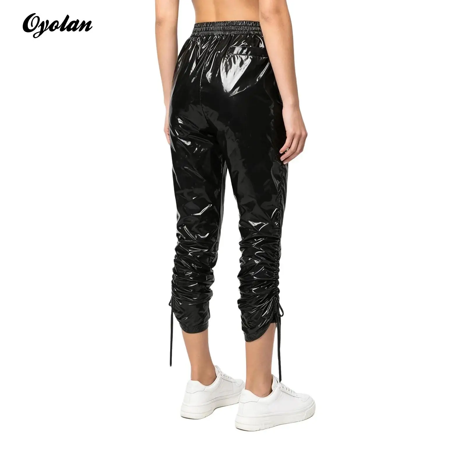 Womens Glossy 7/8 Length Pants Side Drawstring Streetwear Vinyl Waterproof Reusable Cropped Capri Pants Elastic Waist Trousers
Womens Glossy 7/8 Length Pants Side Drawstring Streetwear Vinyl Waterproof Reusable Cropped Capri Pants Elastic Waist Trousers