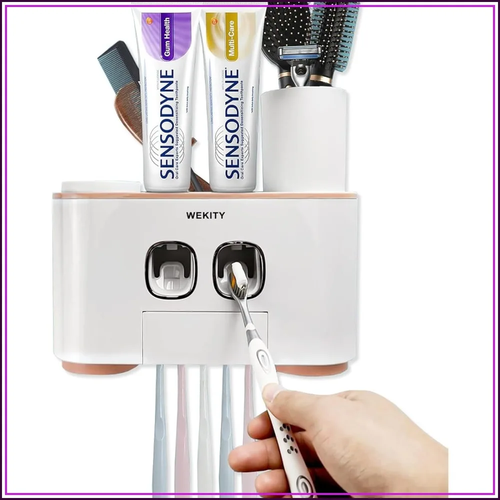 Wall Mounted Toothbrush Holder, 5 Slots, 2 Toothpaste Dispensers & 4 Cups, ABS, Pink
Wall Mounted Toothbrush Holder, 5 Slots, 2 Toothpaste Dispensers & 4 Cups, ABS, Pink