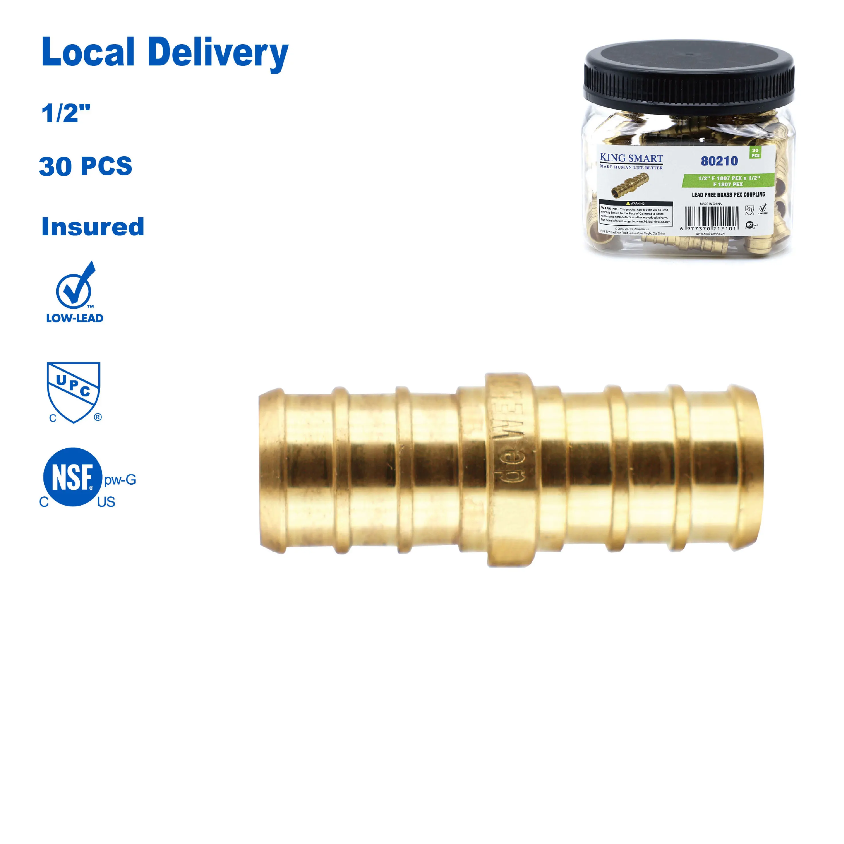 KING SMART 1/2" Crimp/fF1807 PEX b Coupling; for PEX B/C PERT Pipe Installation; Lead Free Brass; 30Pcs/Case; 80210
KING SMART 1/2" Crimp/fF1807 PEX b Coupling; for PEX B/C PERT Pipe Installation; Lead Free Brass; 30Pcs/Case; 80210