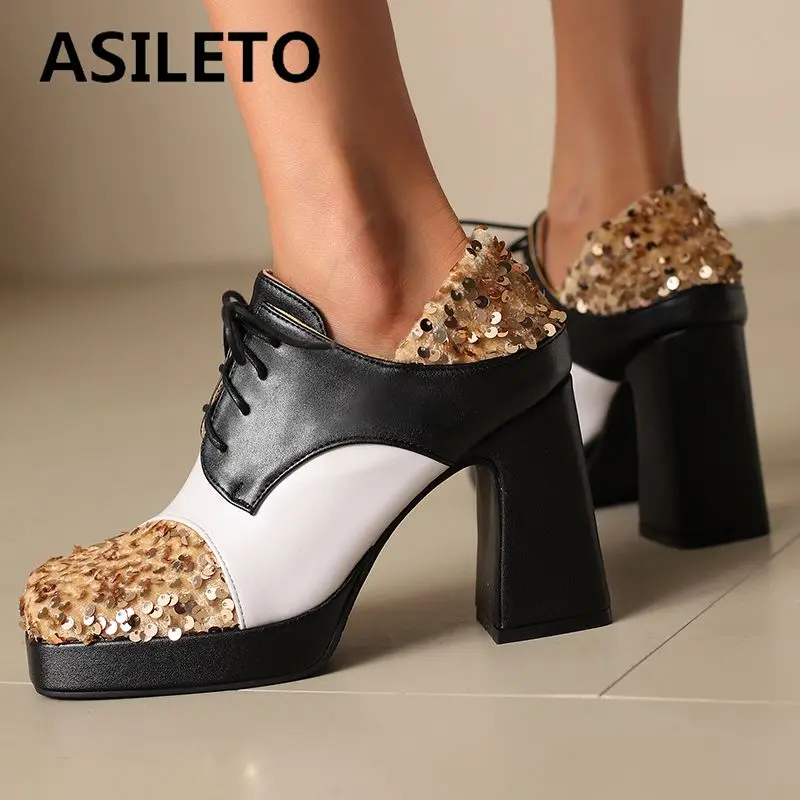 ASILETO 2025 Fashion Design Women Pumps Square Toe Block Heels 9.5cm Platform 2.5cm Lace Up Mixed Color Bling Shoes 46 47 48
ASILETO 2025 Fashion Design Women Pumps Square Toe Block Heels 9.5cm Platform 2.5cm Lace Up Mixed Color Bling Shoes 46 47 48