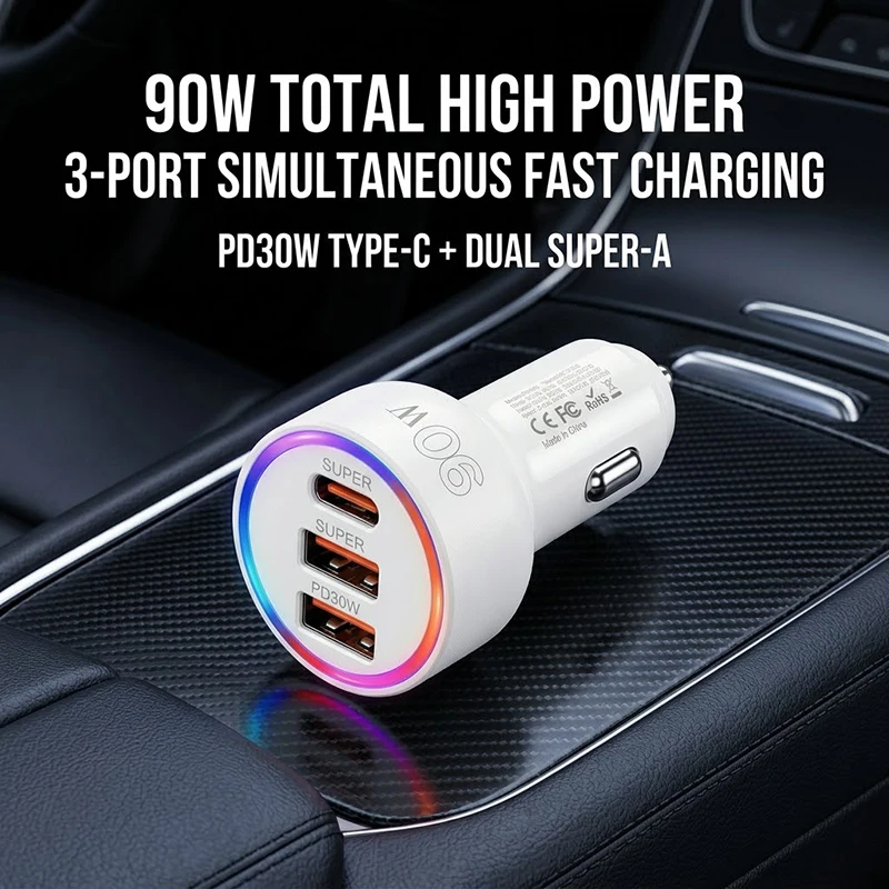 90W Fast Charging Car Adapter with Colorful LED Light, 3 Port PD30W Type C and Dual QC3.0 USB A, Universal For 12-24V Auto
90W Fast Charging Car Adapter with Colorful LED Light, 3 Port PD30W Type C and Dual QC3.0 USB A, Universal For 12-24V Auto