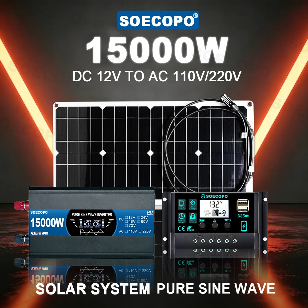 Pure Sine Wave Inverter 15000W Solar System Kit(100A Controller AC 110V 220V Flexible Panel)No Harm to Device for Orchard RV Use
Pure Sine Wave Inverter 15000W Solar System Kit(100A Controller AC 110V 220V Flexible Panel)No Harm to Device for Orchard RV Use