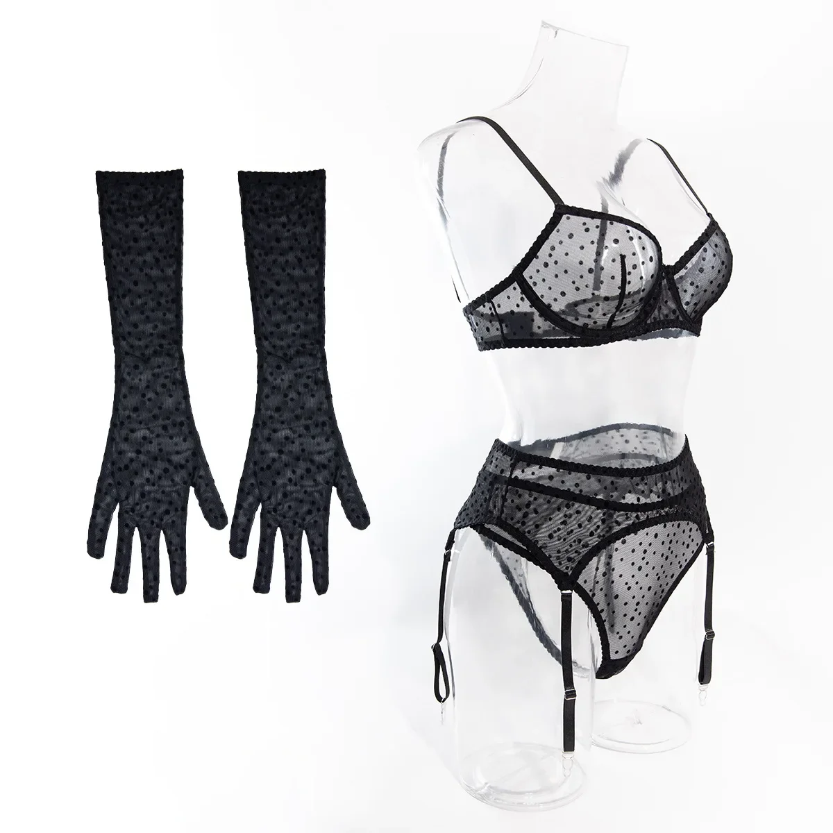 Sexy Black Polka Dots Lingerie 4 Pieces Sets Ultrathin Mesh See Through Bras And Panties Suits With Gloves Erotic Intimate Set
Sexy Black Polka Dots Lingerie 4 Pieces Sets Ultrathin Mesh See Through Bras And Panties Suits With Gloves Erotic Intimate Set