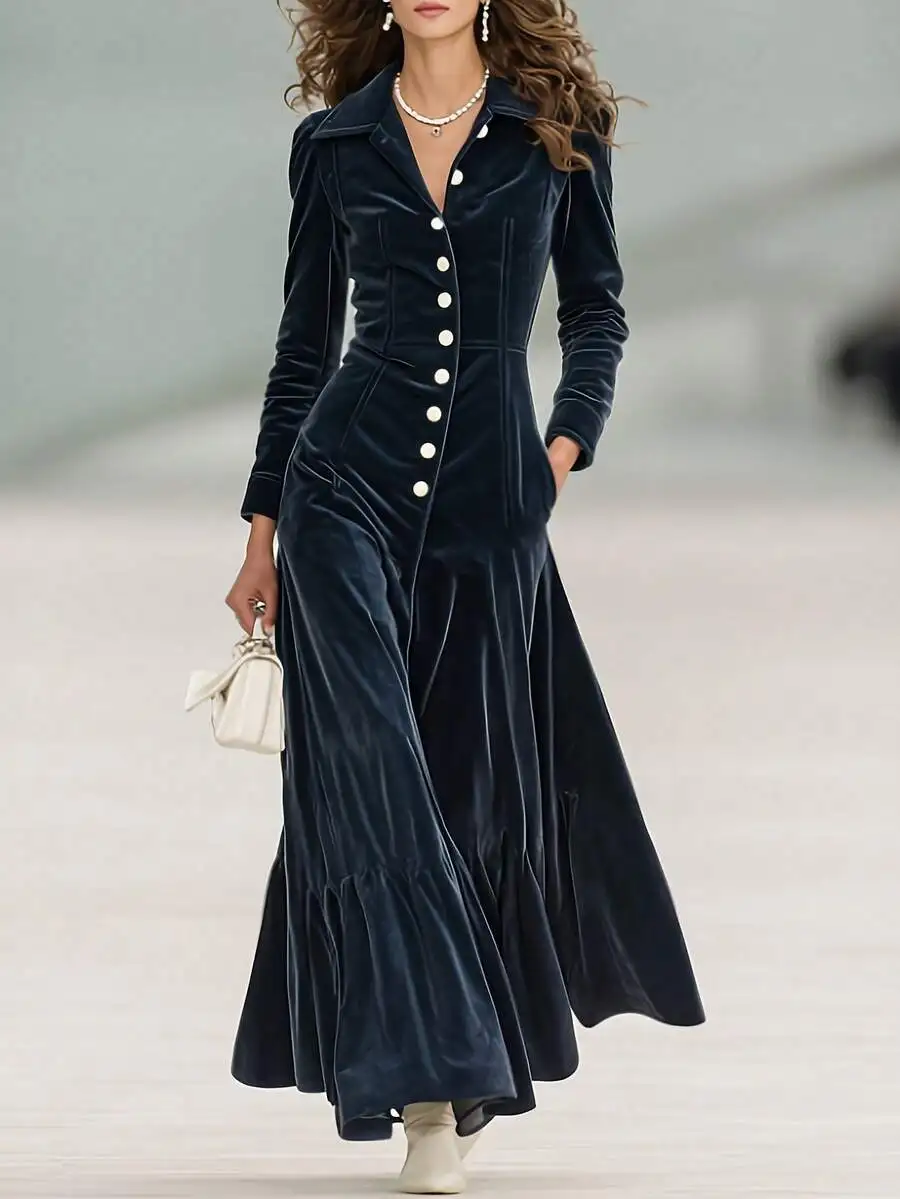 Blue Velvet Shirt Maxi Dress With V Neck Long Sleeve Button Placket And Ruffle Hem
Blue Velvet Shirt Maxi Dress With V Neck Long Sleeve Button Placket And Ruffle Hem