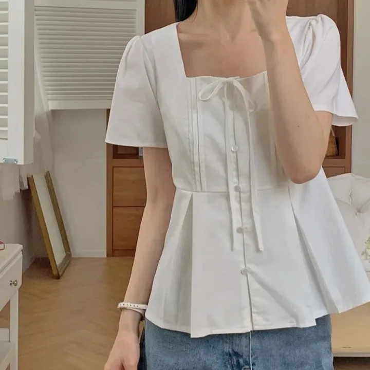 Sweet Chic Summer Short Sleeve Shirt Pleated Waist Cinching Square Collar Slim Fit Women's Korean Style Breathable Polyester Top
Sweet Chic Summer Short Sleeve Shirt Pleated Waist Cinching Square Collar Slim Fit Women's Korean Style Breathable Polyester Top