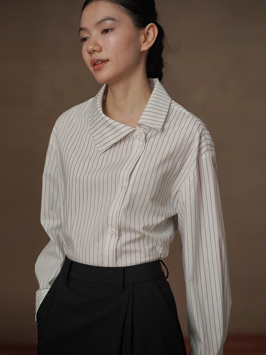 Slimming Effect Color Woven Stripe Artistic Asymmetric Collar Loose Women's irt Hacikis High Quali Fabric Long Sve
Slimming Effect Color Woven Stripe Artistic Asymmetric Collar Loose Women's irt Hacikis High Quali Fabric Long Sve