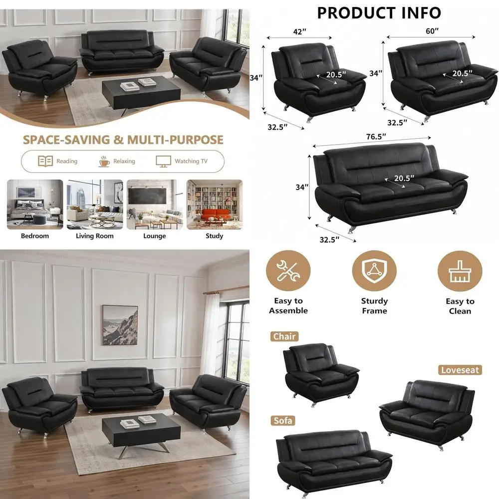 Черный кожаный комплект для гостиной: диван из трех предметов, двухместный диван и стул
Черный кожаный комплект для гостиной: диван из трех предметов, двухместный диван и стул