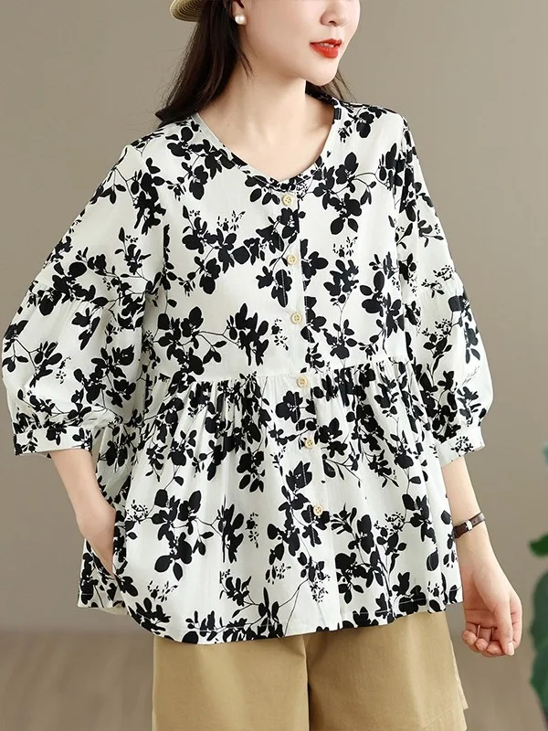 Retro Floral Lantern Sleeve round Neck Loose Shirt Women Summer Anti-Aging Belly Covering Slimming Doll Shirt Casual Top
Retro Floral Lantern Sleeve round Neck Loose Shirt Women Summer Anti-Aging Belly Covering Slimming Doll Shirt Casual Top