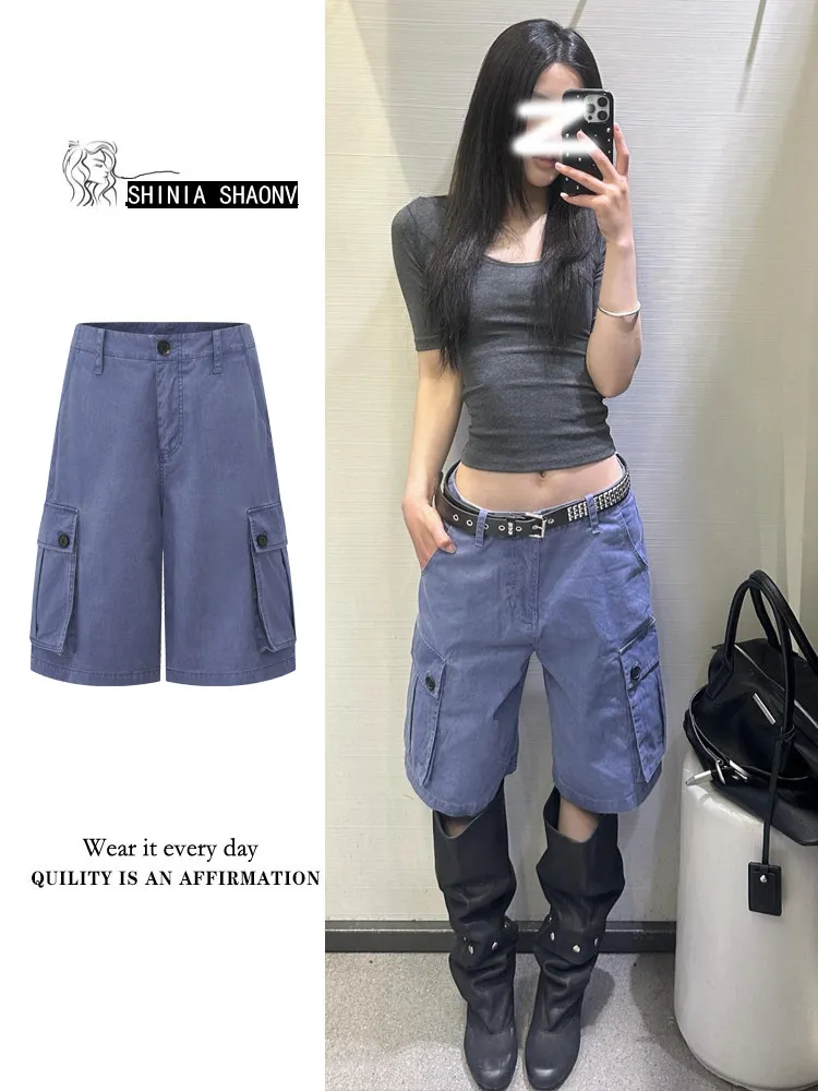 Retro Blue Washed Large Pocket Workwear Five-Point Pants Women's Loose Wide Leg Casual Mid-Length Trendy Jeans
Retro Blue Washed Large Pocket Workwear Five-Point Pants Women's Loose Wide Leg Casual Mid-Length Trendy Jeans
