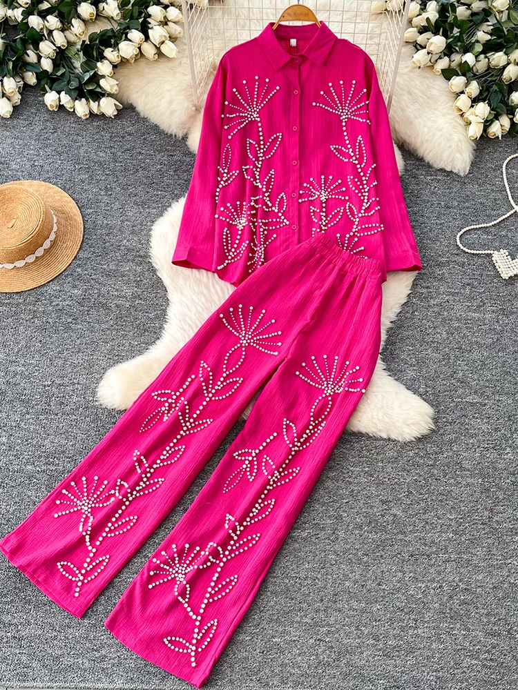 Women's Spring New Elegant Two piece Set Commuting Style Embroidered Nail Bead Laple Collar Shirt High Waist Wide Leg Pants
Women's Spring New Elegant Two piece Set Commuting Style Embroidered Nail Bead Laple Collar Shirt High Waist Wide Leg Pants