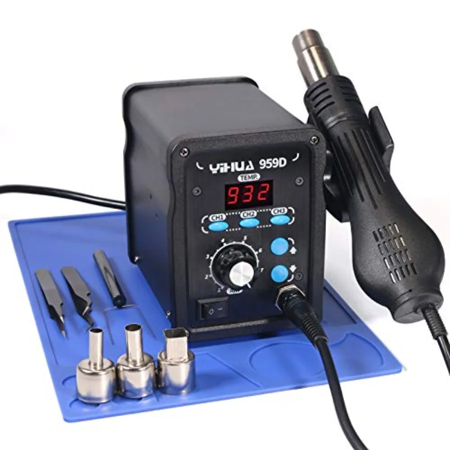 959D-Digital Hot Air Rework Station, High Power with 3 Memories, Airflow Efficiency, °F/°C Display, Accurate Temp. 212°F~932°F,
959D-Digital Hot Air Rework Station, High Power with 3 Memories, Airflow Efficiency, °F/°C Display, Accurate Temp. 212°F~932°F,