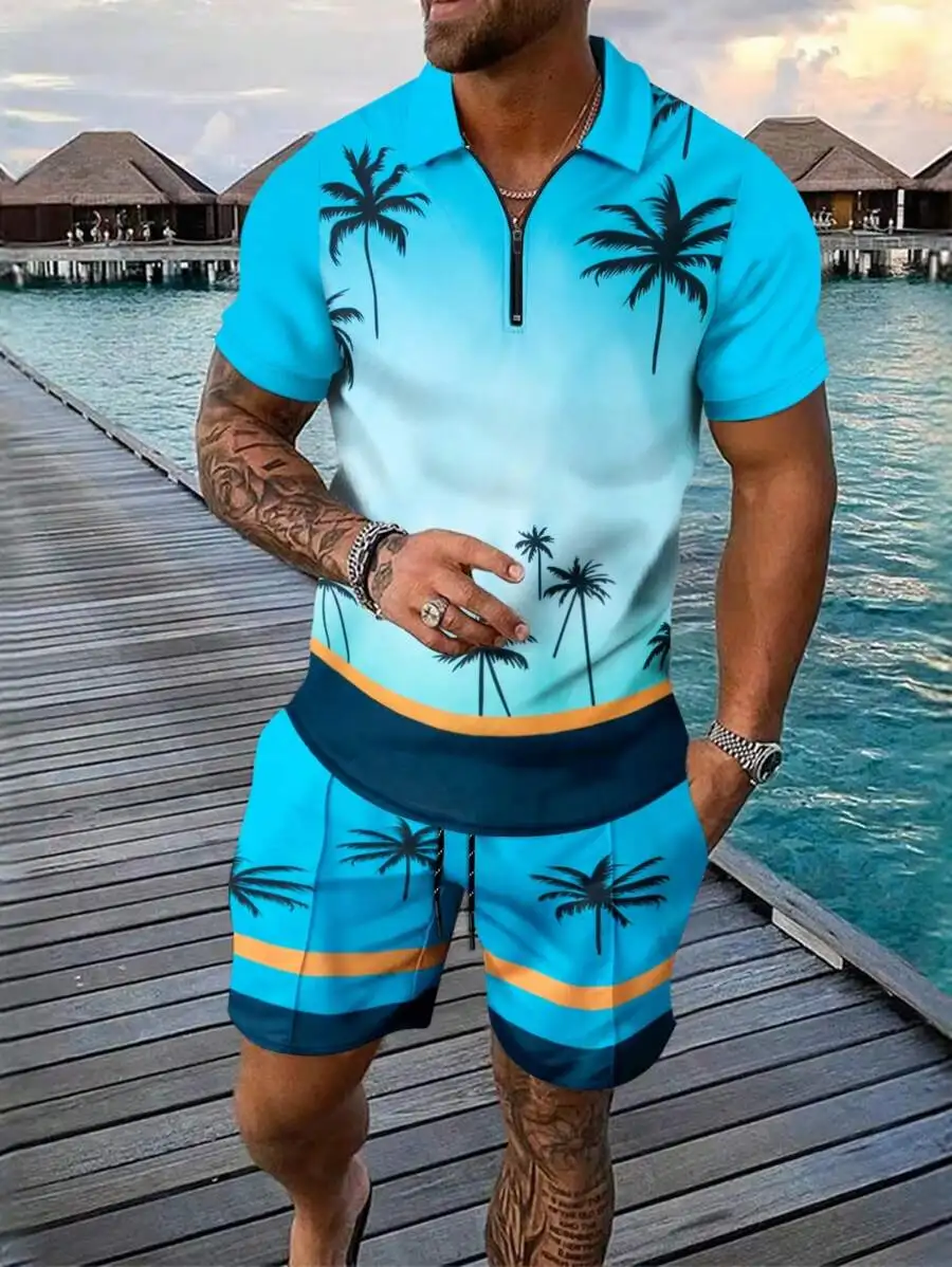Men's Tropical Print 2-Piece Set: Half-Sleeve Polo Shirt & Shorts for Summer
Men's Tropical Print 2-Piece Set: Half-Sleeve Polo Shirt & Shorts for Summer