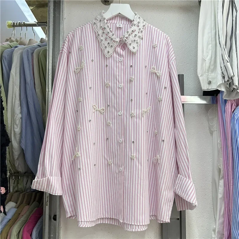 Pop Pop Bow Tie Beads Stitch Blouses Stripe Shirts Women 2025 Spring Summer Long Sleeve Blouses Loose Casual Top Blusas
Pop Pop Bow Tie Beads Stitch Blouses Stripe Shirts Women 2025 Spring Summer Long Sleeve Blouses Loose Casual Top Blusas