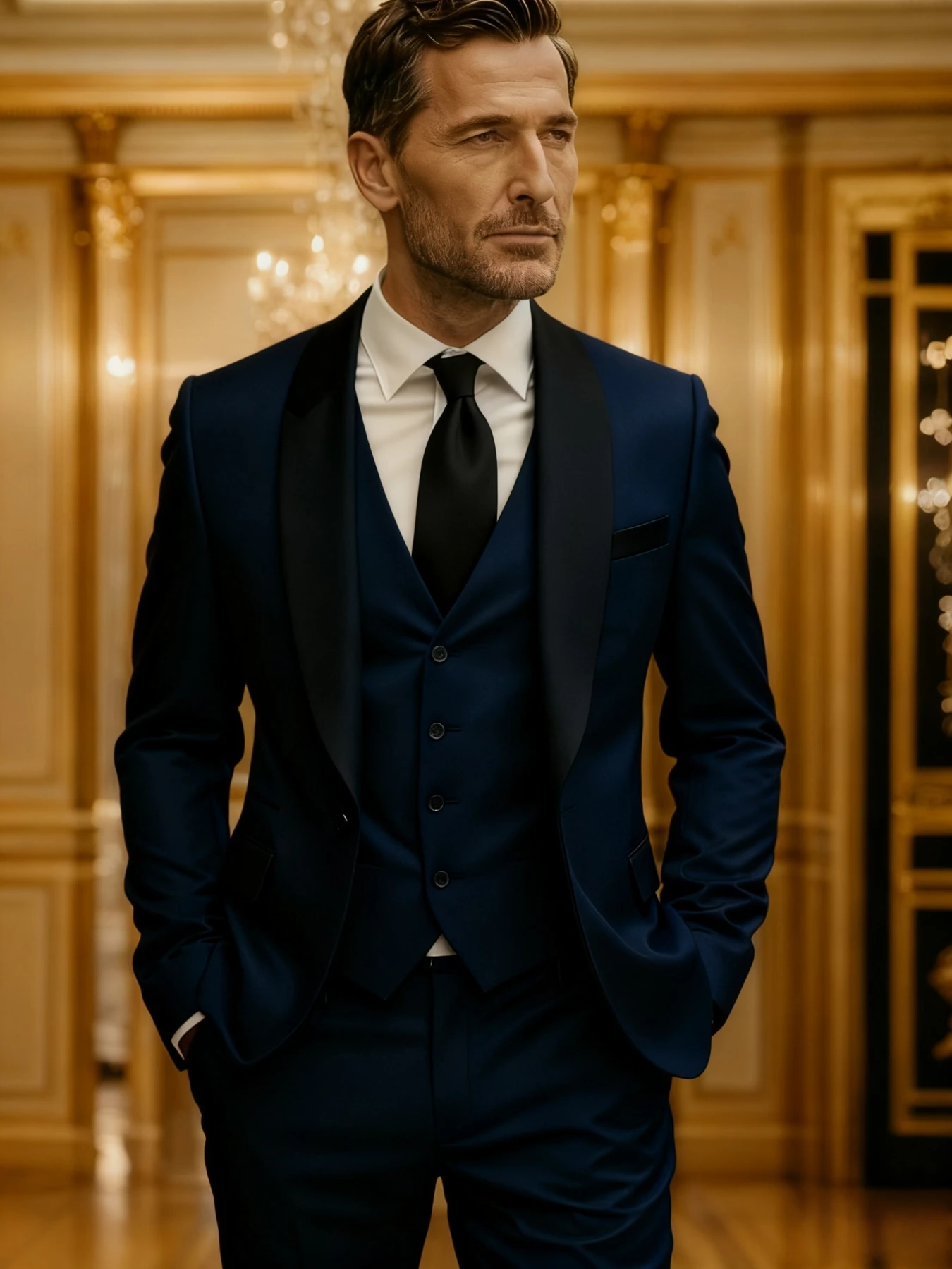 Деловой костюм мужской, 3 предмета, приталенный, для VIP-мероприятий и деловых встреч руководителей.
Деловой костюм мужской, 3 предмета, приталенный, для VIP-мероприятий и деловых встреч руководителей.