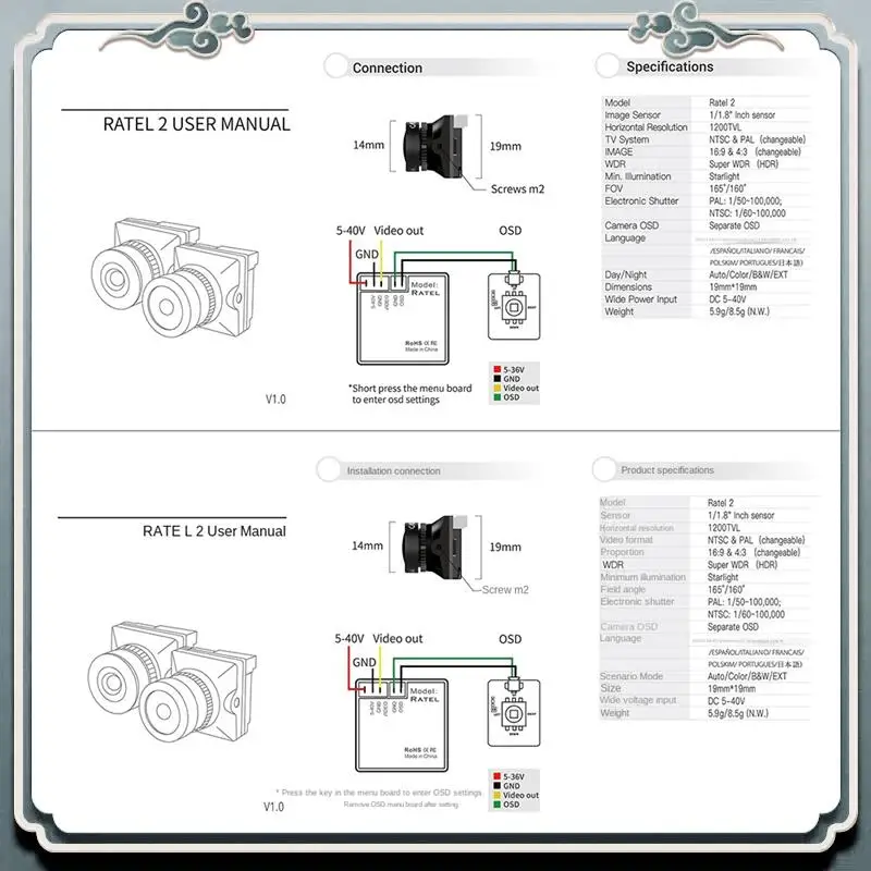 Premium 19X19mm For Ratel 2 1/1.8Inch Starlight 1200TVL NTSC PAL 16:9 4:3 Switchable Super WDR FPV Micro-Camera For FPV Racing
Premium 19X19mm For Ratel 2 1/1.8Inch Starlight 1200TVL NTSC PAL 16:9 4:3 Switchable Super WDR FPV Micro-Camera For FPV Racing