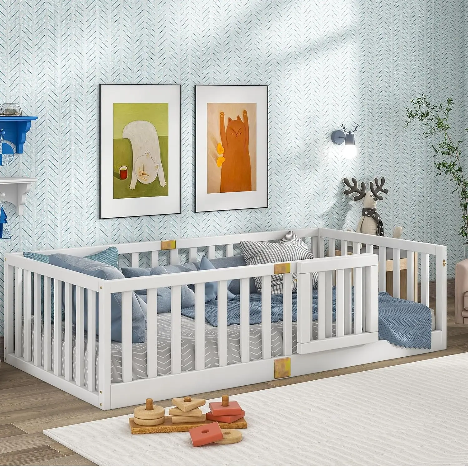 Twin Montessori Floor Bed with High Rails, Solid Wood Bed Frame, Door Can Install Left and Right, White
Twin Montessori Floor Bed with High Rails, Solid Wood Bed Frame, Door Can Install Left and Right, White