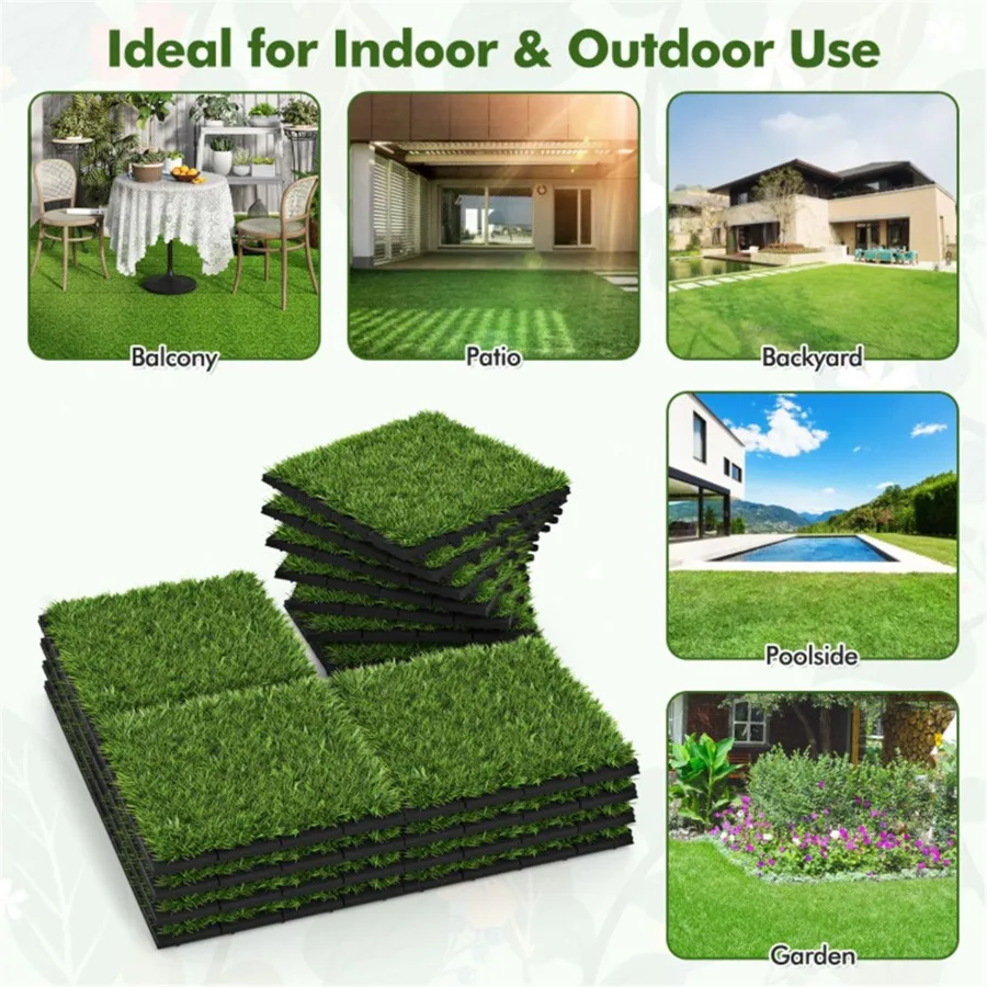 30 PCS 12 x 12' Interlocking Artificial Grass Tiles for outdoor patio use, PE+PP blend material, green color, UV-resistant and
30 PCS 12 x 12' Interlocking Artificial Grass Tiles for outdoor patio use, PE+PP blend material, green color, UV-resistant and