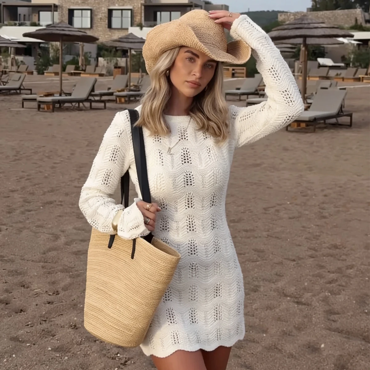 Модное вязаное короткое платье с открытой спиной, пляжный стиль, ажурное текстурированное платье с длинными рукавами, повседневная облегающая женская одежда
Модное вязаное короткое платье с открытой спиной, пляжный стиль, ажурное текстурированное платье с длинными рукавами, повседневная облегающая женская одежда