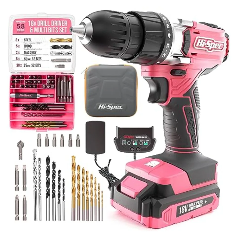 Pink Cordless Drill Set, 18V Electric Drill with Battery And Charger, Includes Driver/Drill Bit Set for Wood, Steel and Concret
Pink Cordless Drill Set, 18V Electric Drill with Battery And Charger, Includes Driver/Drill Bit Set for Wood, Steel and Concret