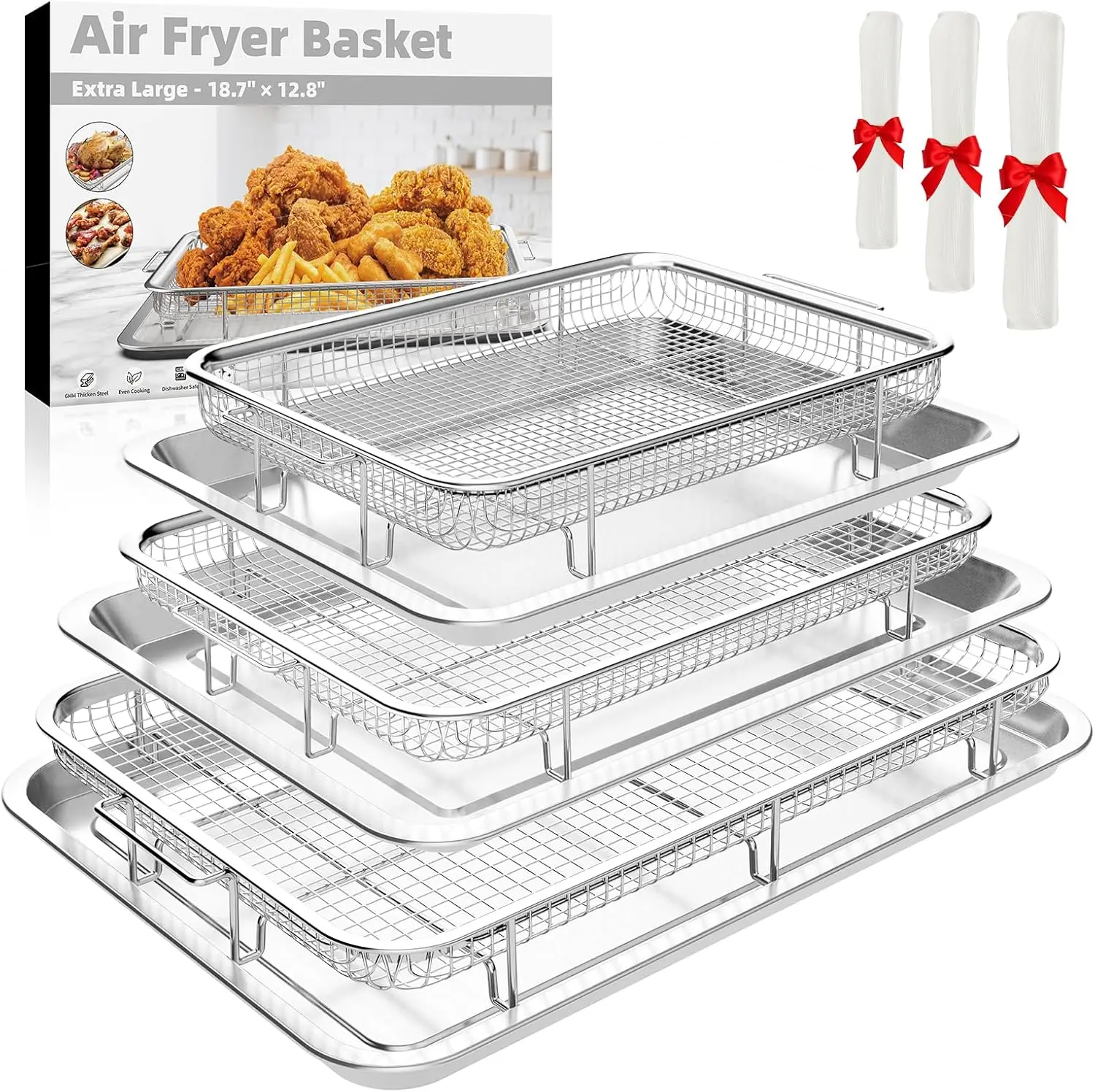 6-Pack Air Fryer Basket & Tray Set with 90 Parchment Papers, Stainless Steel, for Oven Baking Grilling
6-Pack Air Fryer Basket & Tray Set with 90 Parchment Papers, Stainless Steel, for Oven Baking Grilling