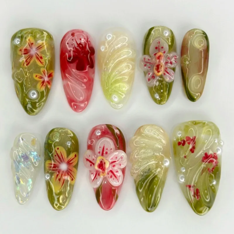 24Pcs long Almond false nails press on with flower green Smudge design full cover nails tips pearl wearable finished fake nails
24Pcs long Almond false nails press on with flower green Smudge design full cover nails tips pearl wearable finished fake nails