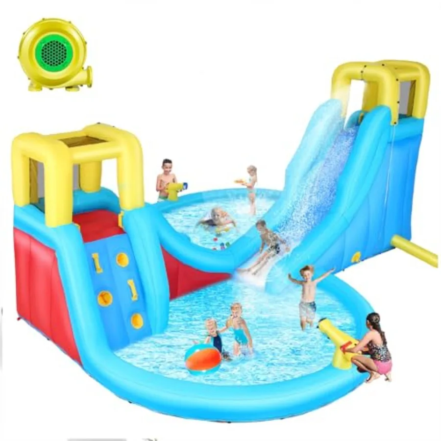 Backyard inflatable water slides for outdoor use, PVC material, blue and yellow, features climbing wall, basketball rim, splash
Backyard inflatable water slides for outdoor use, PVC material, blue and yellow, features climbing wall, basketball rim, splash