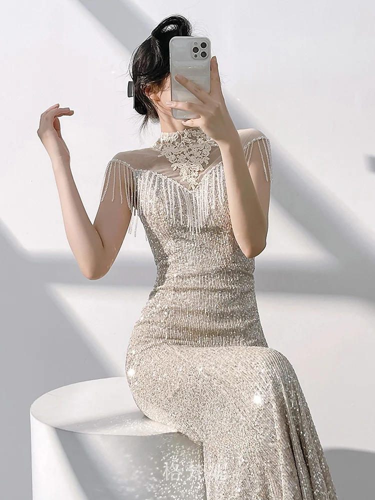 Champagne Color Evening Gown Women's High-End Sensation Par Ele Lightweight Luxury Fi Tail Skirt Sequins Simple Generous
Champagne Color Evening Gown Women's High-End Sensation Par Ele Lightweight Luxury Fi Tail Skirt Sequins Simple Generous