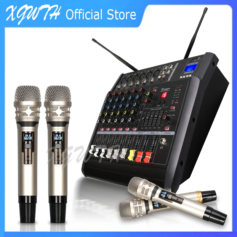 Amplifier Mixer with 4 Wireless Handheld Karaoke Microphone Dynamic Cardioid Mic Bluetooth USB 16 DSP Effect DJ Mixing Console
Amplifier Mixer with 4 Wireless Handheld Karaoke Microphone Dynamic Cardioid Mic Bluetooth USB 16 DSP Effect DJ Mixing Console