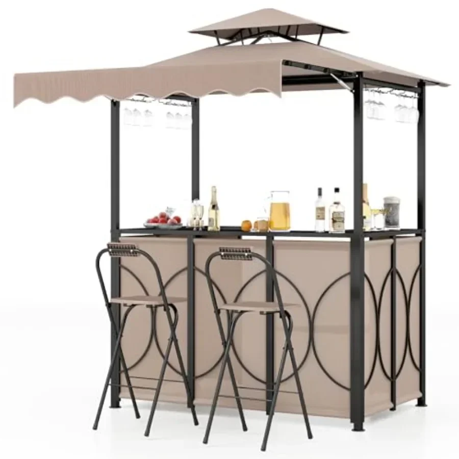 3 Pcs Patio Bar Set Grill Gazebo 2 Foldable Bar Stools with Awning Metal Storage Shelves Glass Holders Double-Tier Outdoor Shel
3 Pcs Patio Bar Set Grill Gazebo 2 Foldable Bar Stools with Awning Metal Storage Shelves Glass Holders Double-Tier Outdoor Shel