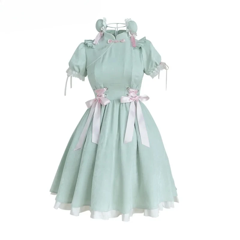 Sweet Woman Dress Lolita Style Vestido Femme Stand Neck Ruffles Summer Robe Femme Fashion Bandage Vintage Chinese Style 2025
Sweet Woman Dress Lolita Style Vestido Femme Stand Neck Ruffles Summer Robe Femme Fashion Bandage Vintage Chinese Style 2025