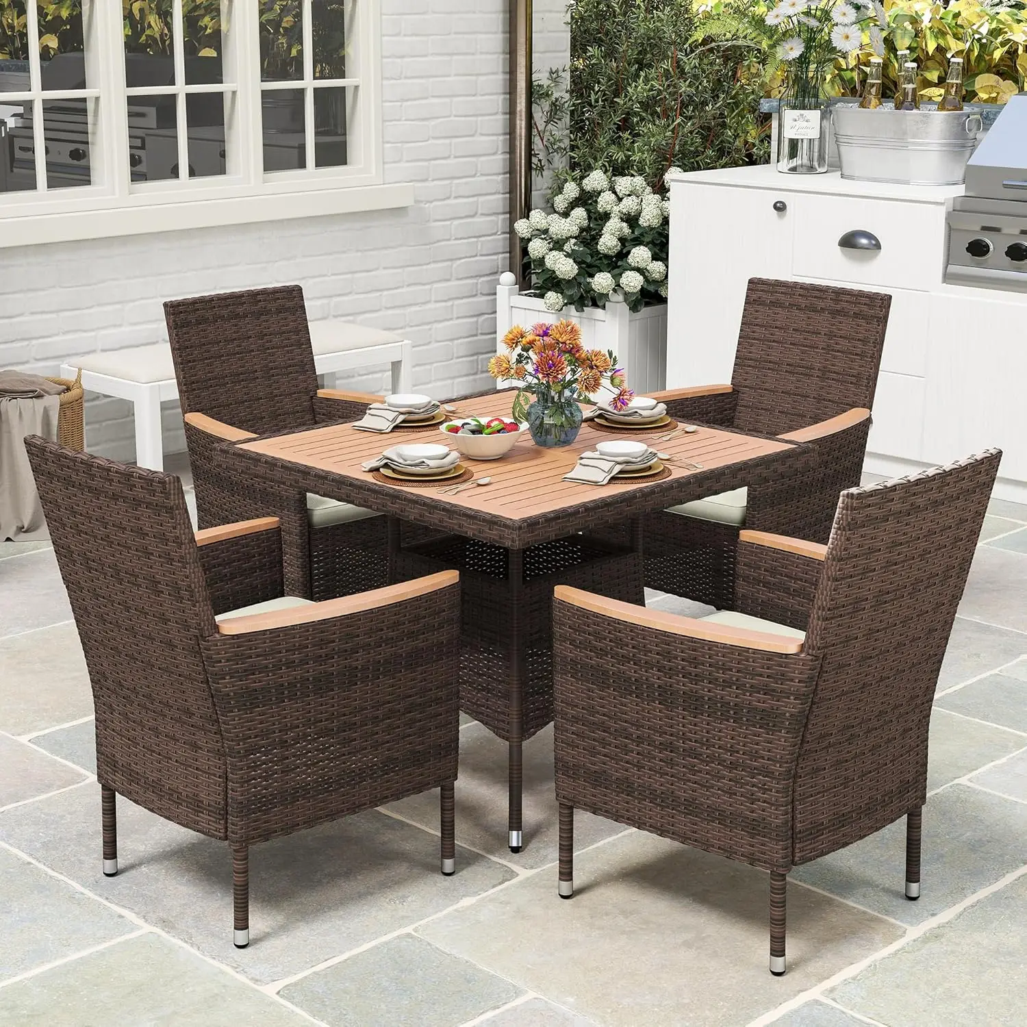 Patio Dining Sets for 4 All Weather Rattan Outdoor Table and Chairs with Acacia Wood Tabletop Patio Dining Furniture with Remova
Patio Dining Sets for 4 All Weather Rattan Outdoor Table and Chairs with Acacia Wood Tabletop Patio Dining Furniture with Remova