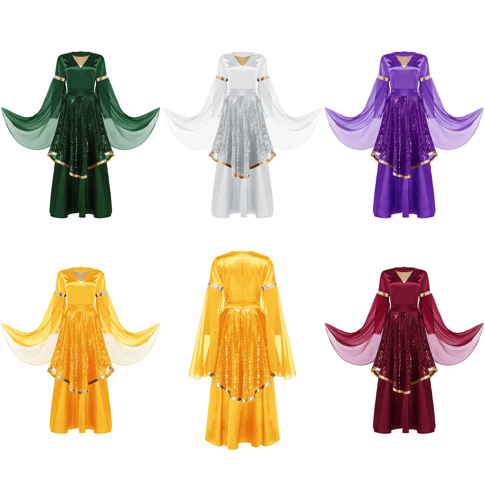 Women Liturgical Praise Dance Dress Outfit Long Sleeve Satin Tunic Gown with Sequin Skirt Worship Church Choir Lyrical Dancewear
Women Liturgical Praise Dance Dress Outfit Long Sleeve Satin Tunic Gown with Sequin Skirt Worship Church Choir Lyrical Dancewear