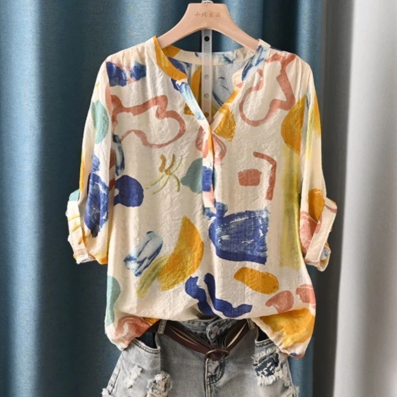 Abstract Printed V Neck Loose Fit Blouse For Women Casual Summer Style With Hand Painted Pattern Three Quarter Sleeve Top
Abstract Printed V Neck Loose Fit Blouse For Women Casual Summer Style With Hand Painted Pattern Three Quarter Sleeve Top