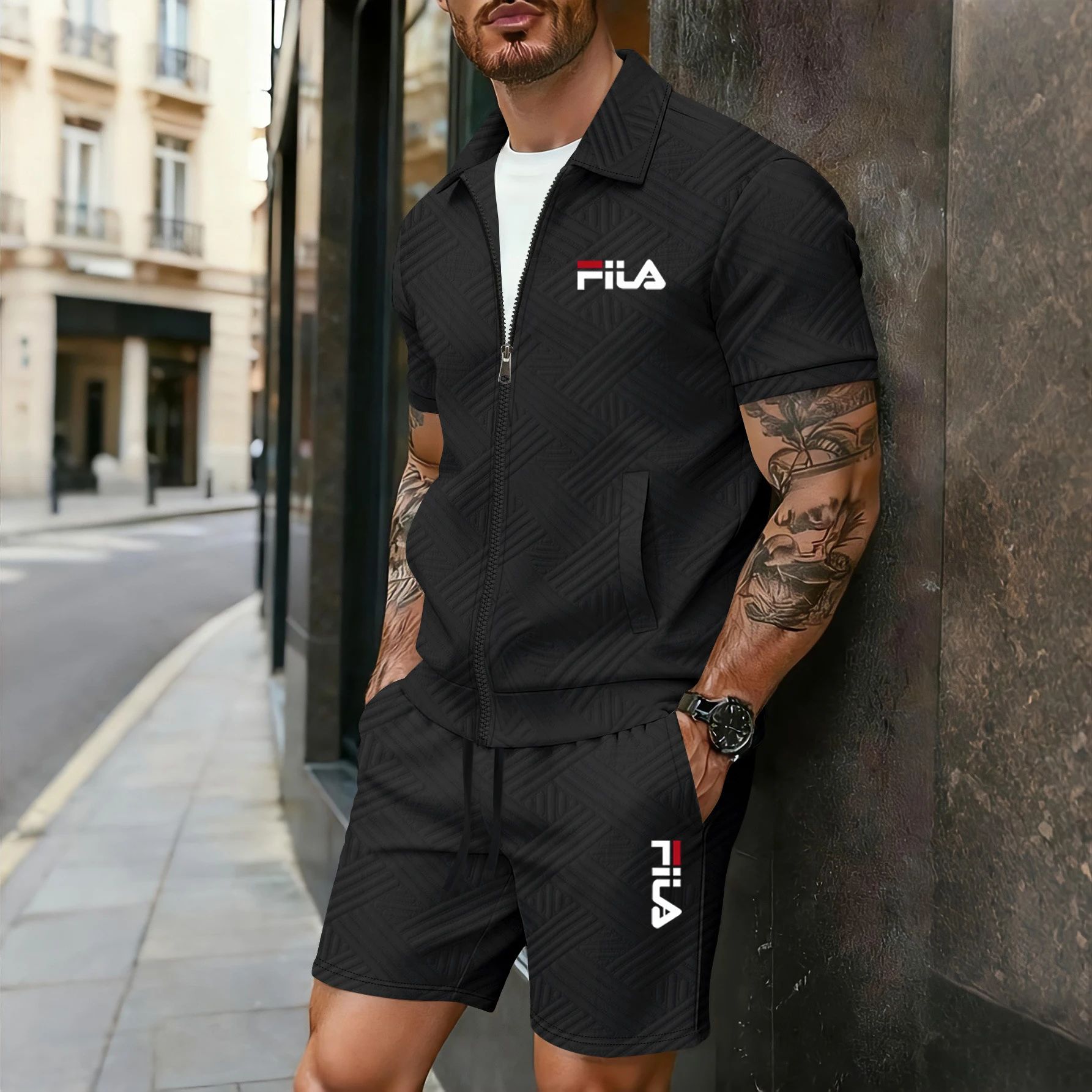 Men's 2 Piece Jacquard Set, Short Sleeve Zip Up Jacket & Drawstring Shorts, Casual Streetwear for Summer
Men's 2 Piece Jacquard Set, Short Sleeve Zip Up Jacket & Drawstring Shorts, Casual Streetwear for Summer