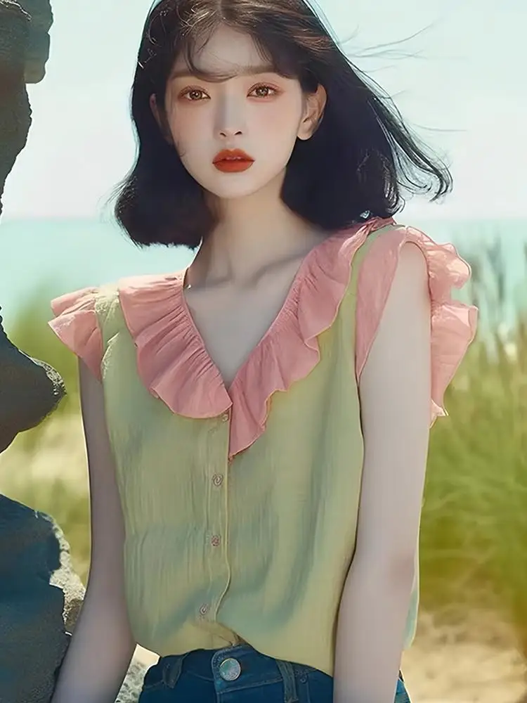 Sleeveless Summer Shirts V Neck Ruffles Patchwork Contrast Color Flying Sleeve Blouses French Sweet All Match Women's Clothing
Sleeveless Summer Shirts V Neck Ruffles Patchwork Contrast Color Flying Sleeve Blouses French Sweet All Match Women's Clothing