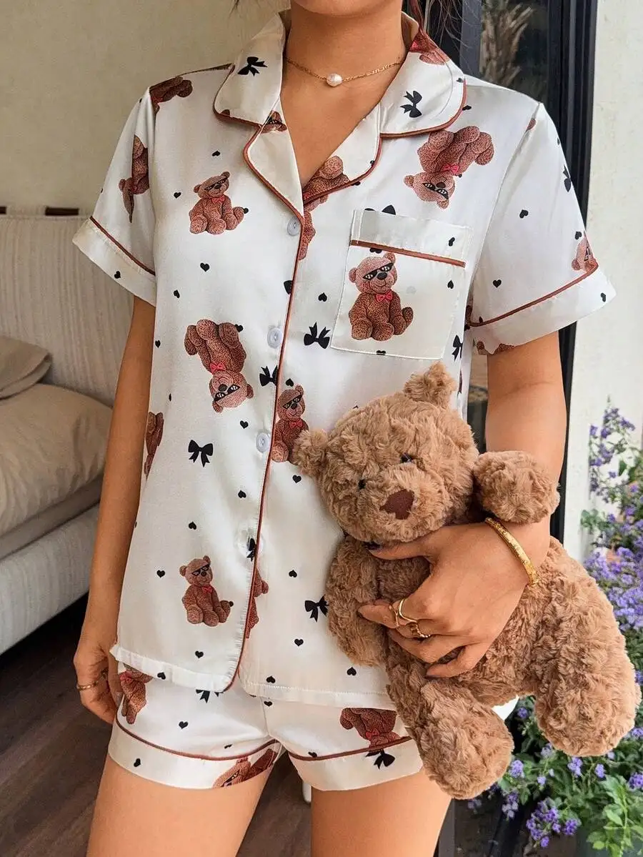Womens Faux Silk Teddy Bear Bow Heart Print Lapel Pajama Set Short Sleeve Shorts
Womens Faux Silk Teddy Bear Bow Heart Print Lapel Pajama Set Short Sleeve Shorts
