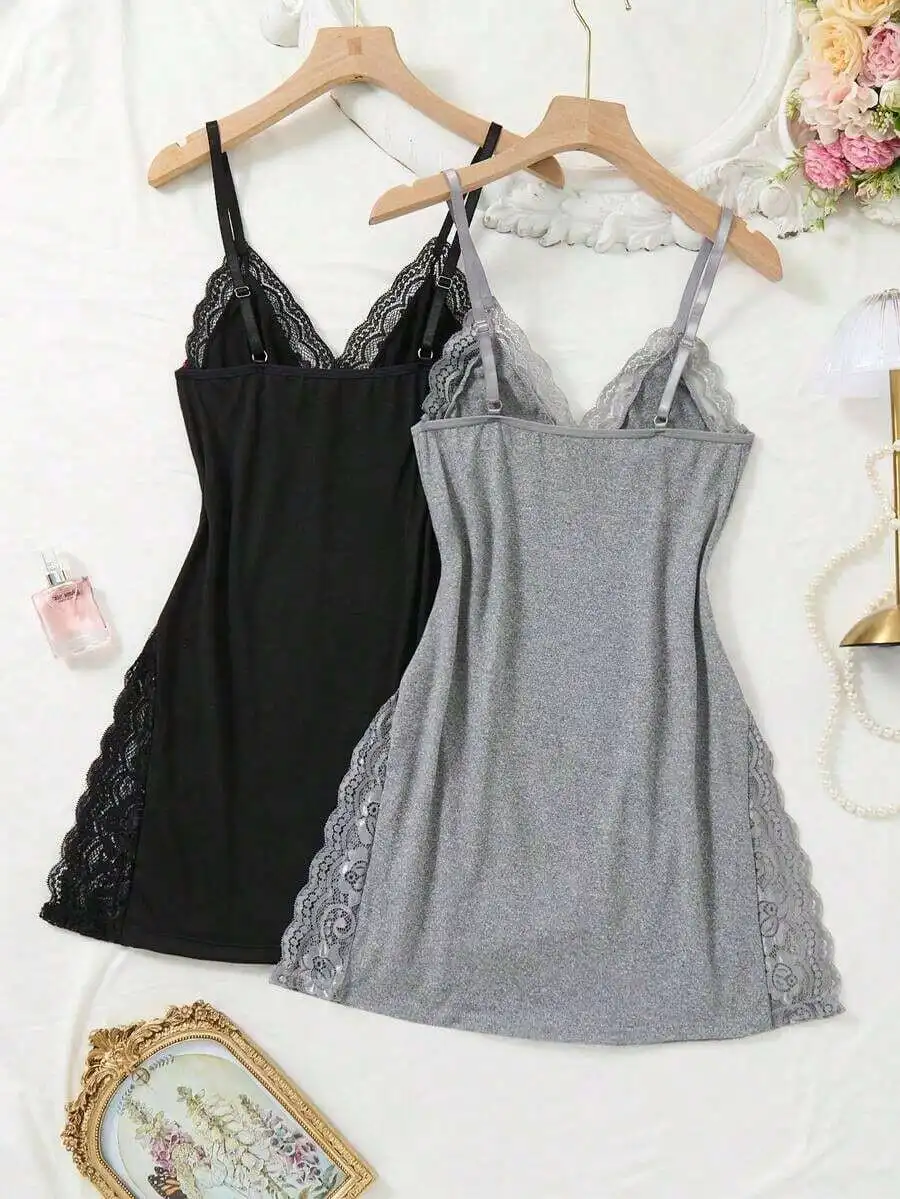 2pcs Lace Trim Cami Nightgown With Side Slit For Women
2pcs Lace Trim Cami Nightgown With Side Slit For Women