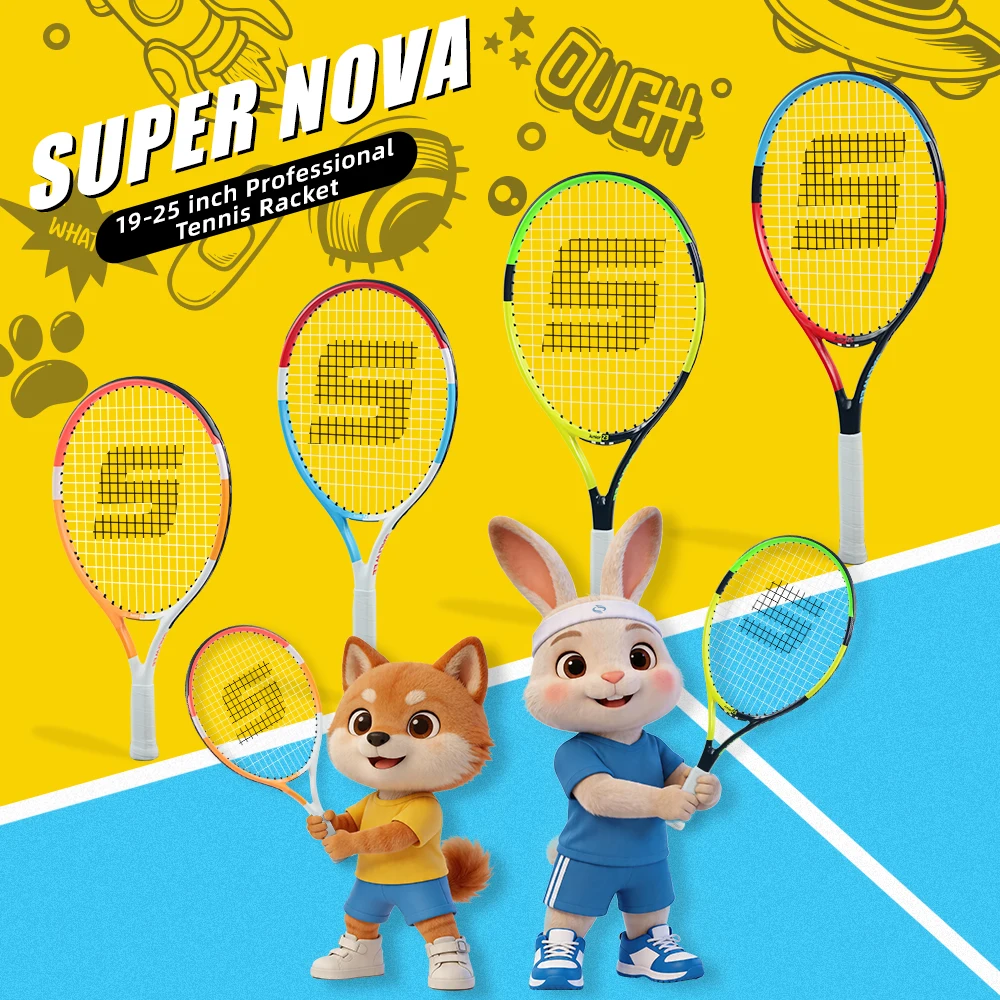 Cartoon Tennis Rackets, Lightweight Durable Carbon Fibre Tennis Racket, 19/21/23/25 Inch, Installed Grip Tape & Already Threaded