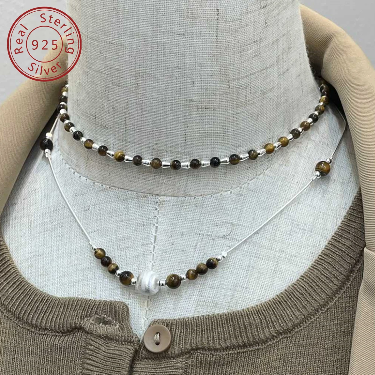 925 silver natural tiger's eye stone necklace set, niche minimalist style design
925 silver natural tiger's eye stone necklace set, niche minimalist style design
