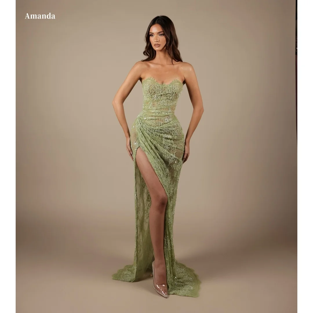 Amanda Customized Olive Green Lace Prom Dress Sweetheart Neck Sleeveless High Slit Sheer Bodice Train Gown Formal Evening 2025
Amanda Customized Olive Green Lace Prom Dress Sweetheart Neck Sleeveless High Slit Sheer Bodice Train Gown Formal Evening 2025