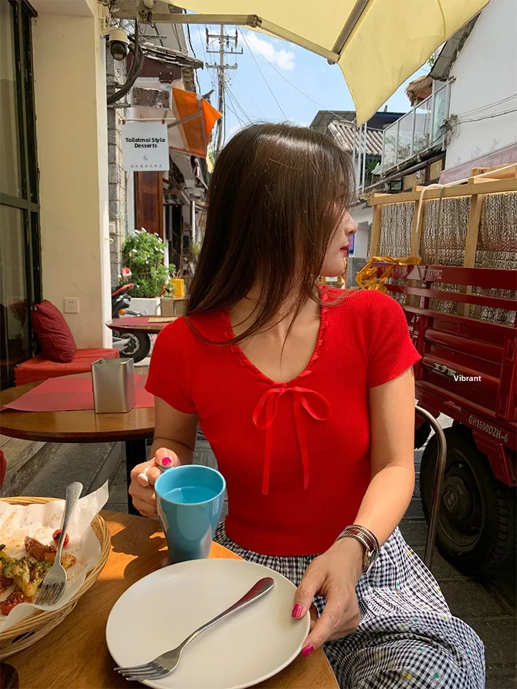 Red Ice Silk ort Sve Трикотажный топ женский Slim Fit Overhead Korean Sle Commute Faion Knot Design Летняя новинка...
Red Ice Silk ort Sve Трикотажный топ женский Slim Fit Overhead Korean Sle Commute Faion Knot Design Летняя новинка...