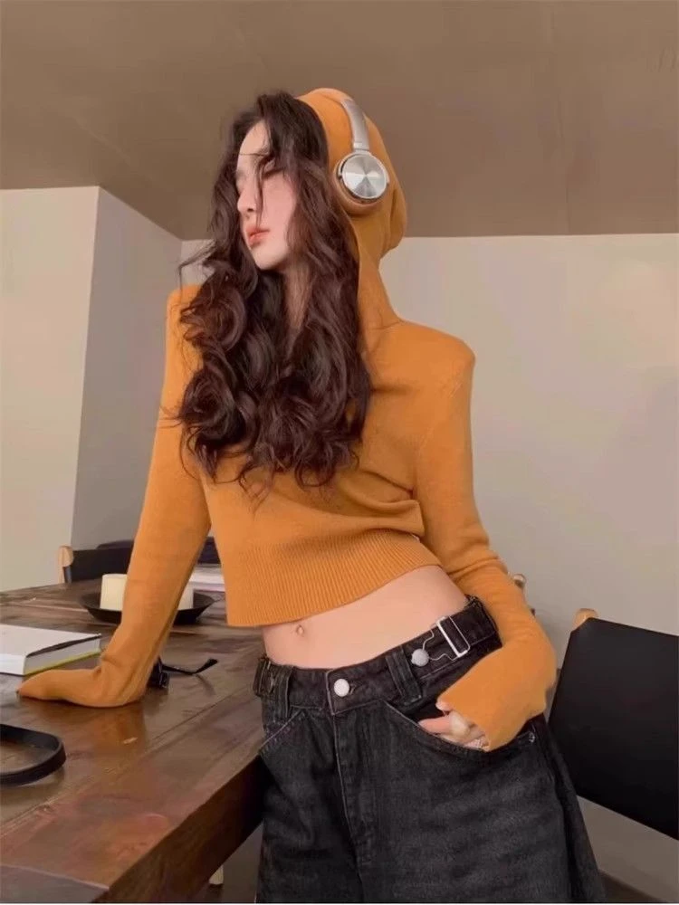 Американский ретро пикантный однотонный вязаный свитер с капюшоном для девочек, осенний свитер Y2K в стиле Харадзюку, облегающий свитер с длинными рукавами, модный топ 
Американский ретро пикантный однотонный вязаный свитер с капюшоном для девочек, осенний свитер Y2K в стиле Харадзюку, облегающий свитер с длинными рукавами, модный топ