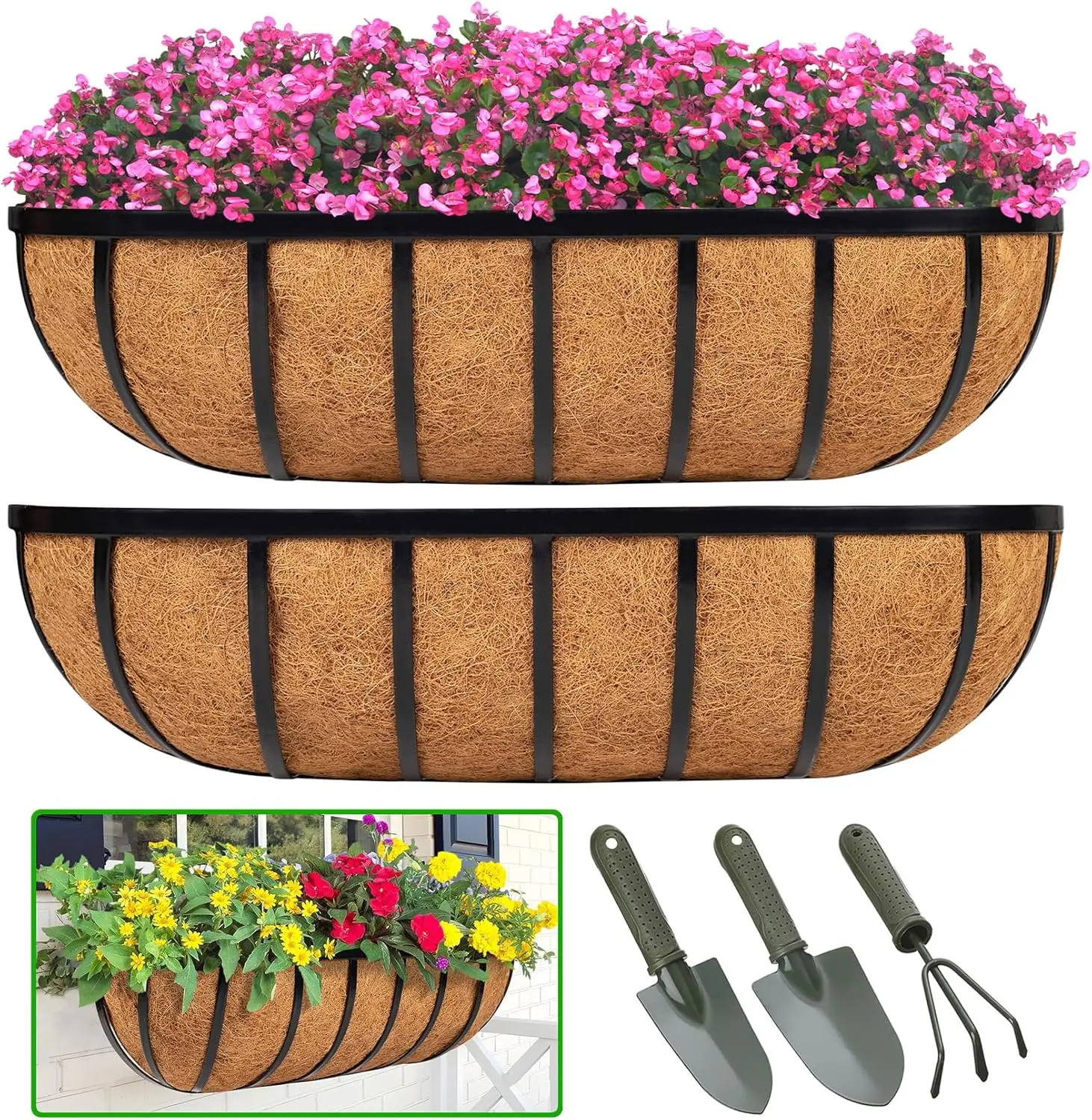 2-Pack 30 Inch Metal Railing Planter with Coconut Liner for Deck Balcony Fence Outdoor Garden Hanging Flower Basket
2-Pack 30 Inch Metal Railing Planter with Coconut Liner for Deck Balcony Fence Outdoor Garden Hanging Flower Basket