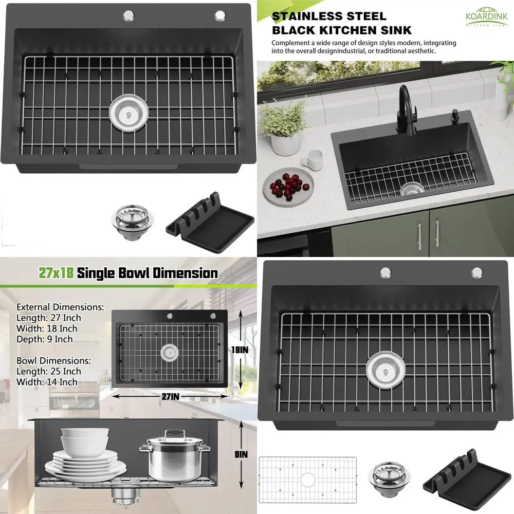 27 x 18 Stainless Steel Single Bowl Drop-In Kitchen Sink with Grid, Spoon Rest, and Drain Strainer - Suitable for Various Kitche
27 x 18 Stainless Steel Single Bowl Drop-In Kitchen Sink with Grid, Spoon Rest, and Drain Strainer - Suitable for Various Kitche