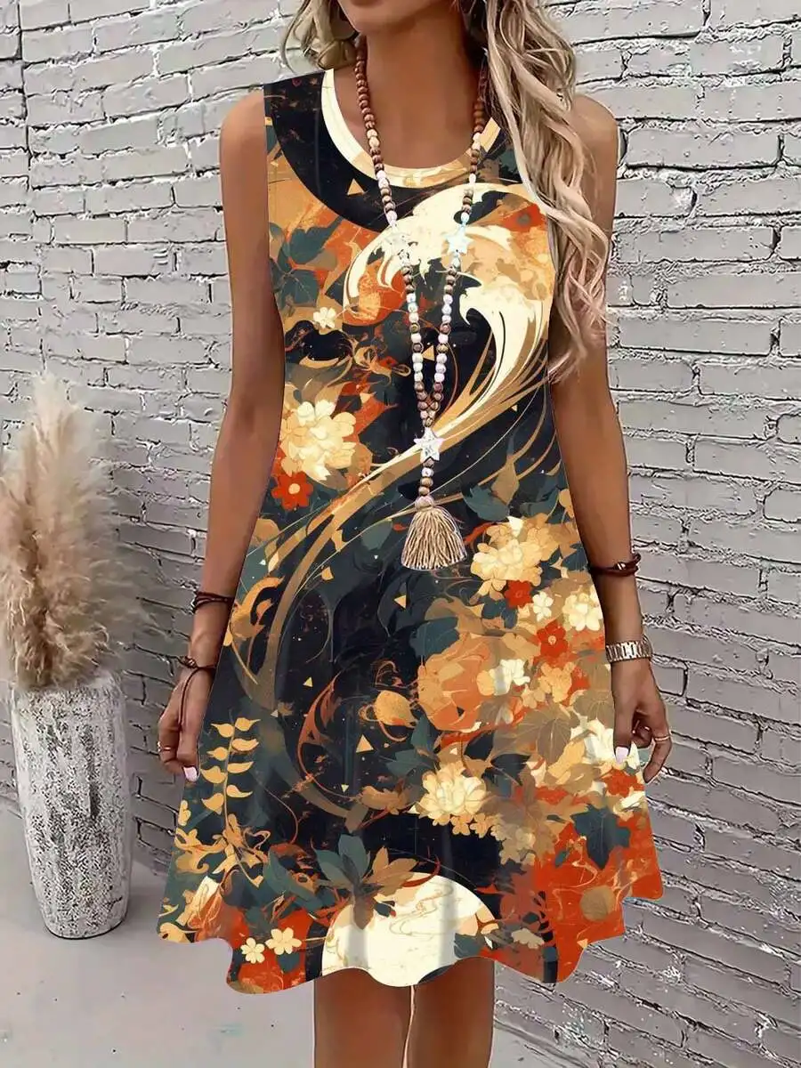 Sleeveless Floral Print Dress With Abstract Wave Design Round Neck Casual Wear
Sleeveless Floral Print Dress With Abstract Wave Design Round Neck Casual Wear